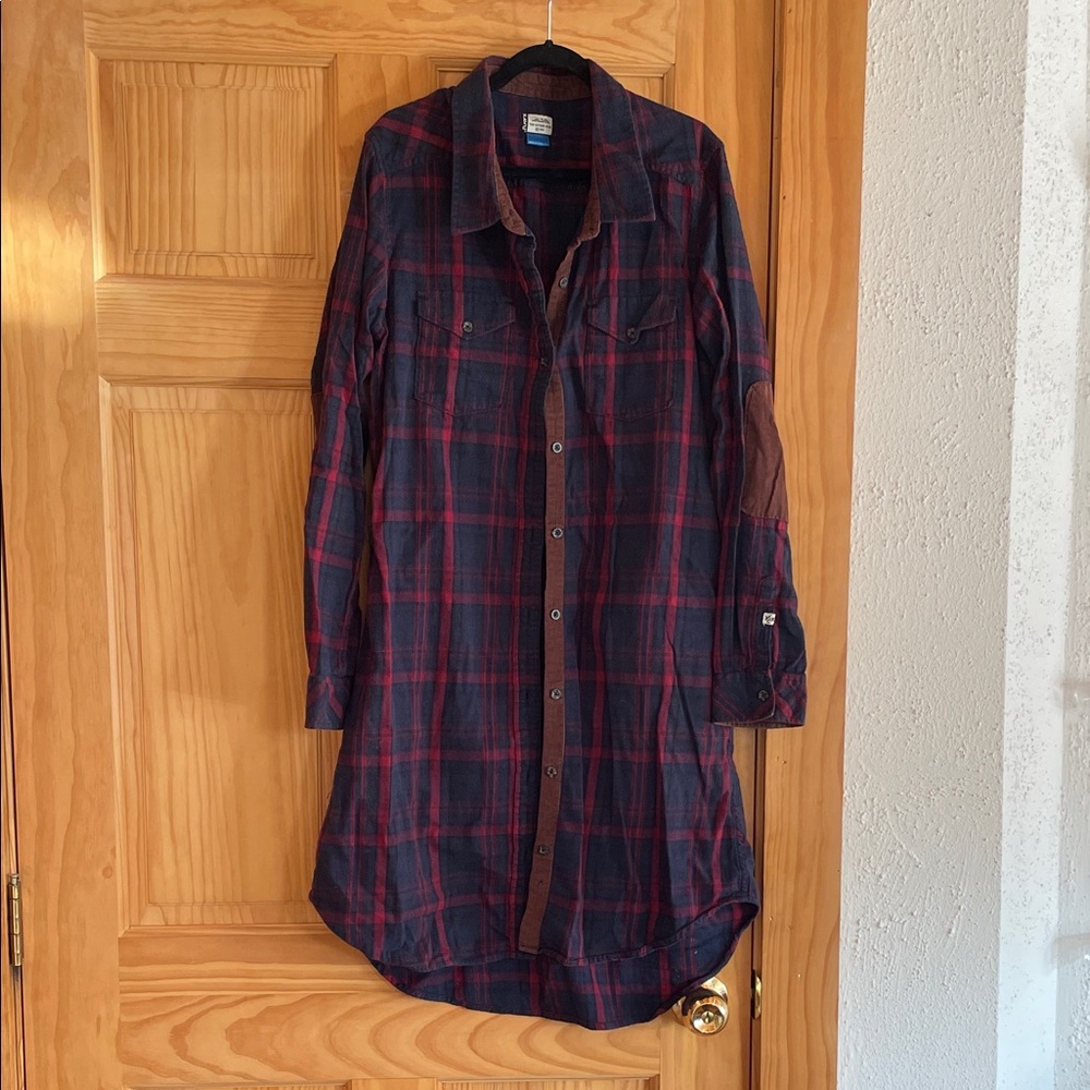 Kavu Navy and Red Plaid Long Sleeve Shirt Dress